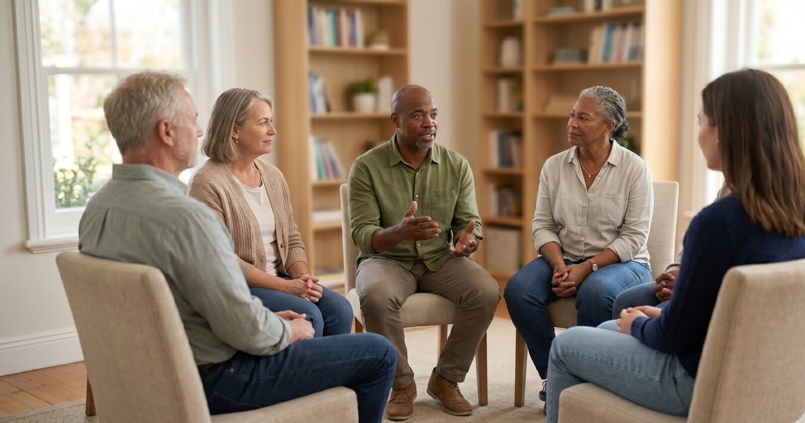 Small process group of five adults at Altura Recovery in Bellaire, Houston