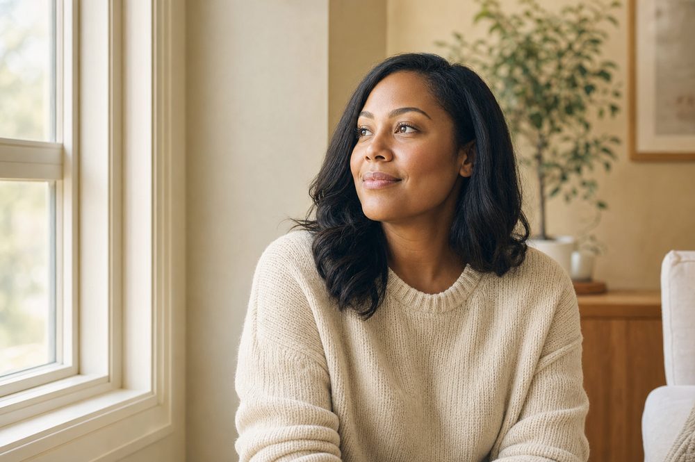Woman in Houston, hopeful and looking out a sunlit window