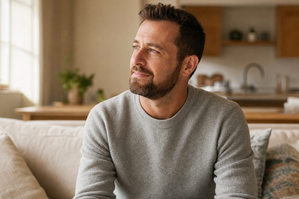 Man in Houston, hopeful and contemplative on his couch