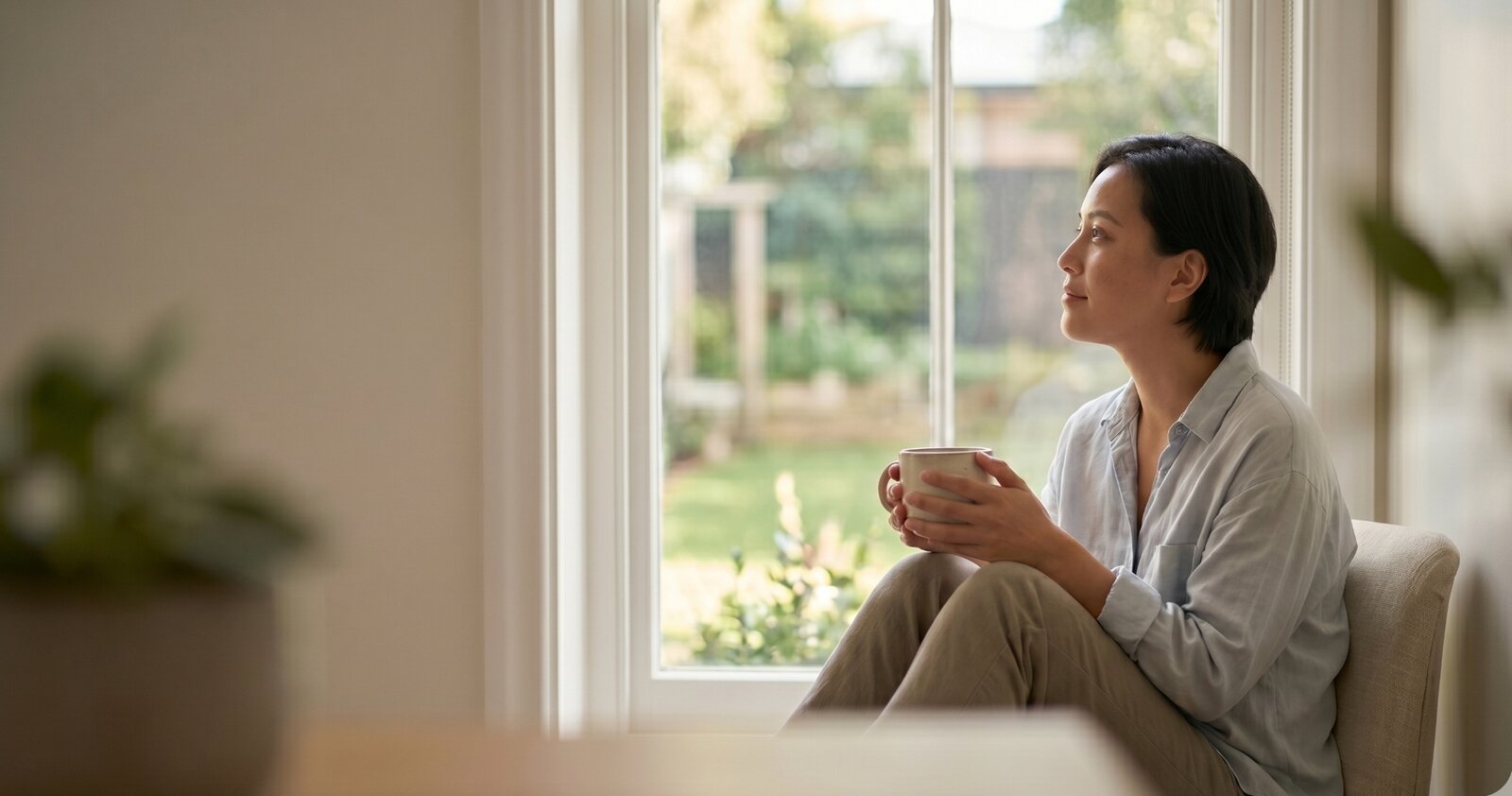 Person sitting quietly with coffee, looking out a window in early recovery