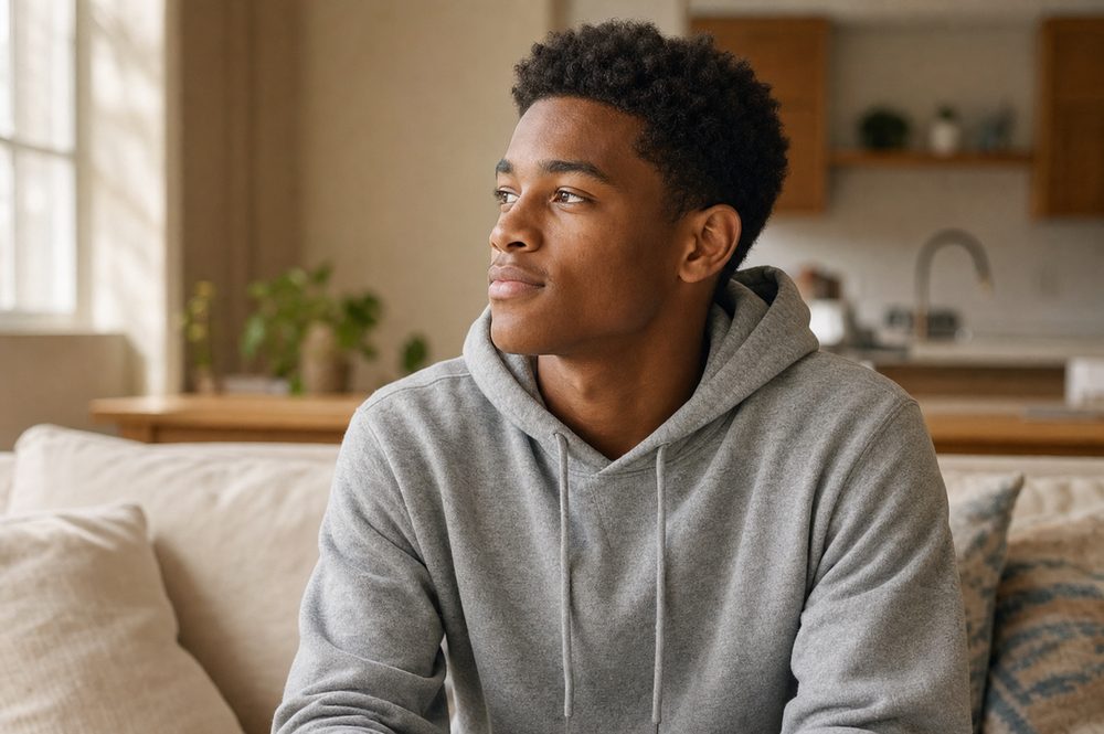 Teenage boy in Houston, contemplative, in recovery