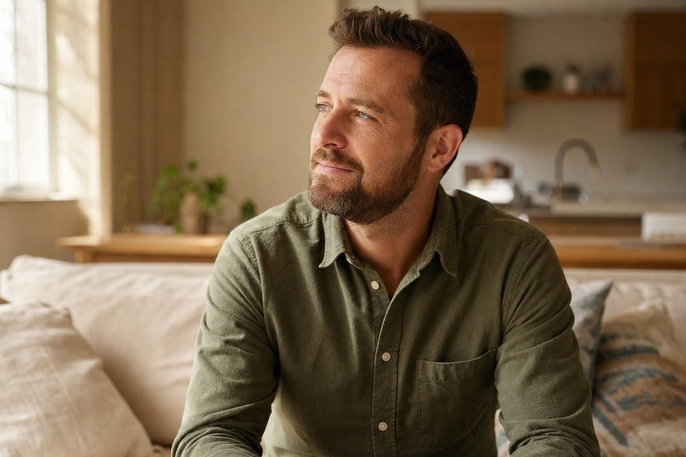 Man at home in Texas in recovery, hopeful and contemplative on his couch
