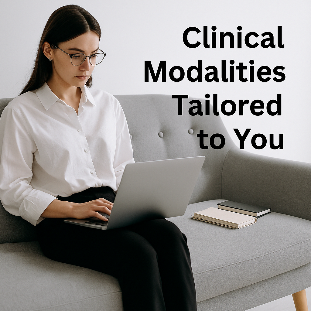 A woman sitting with a laptop in a calm setting, symbolizing personalized therapy and evidence-based care