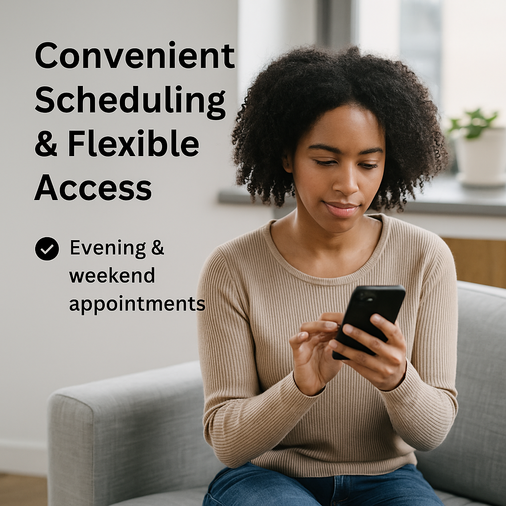 A woman using her phone and laptop from home, representing flexible outpatient therapy scheduling