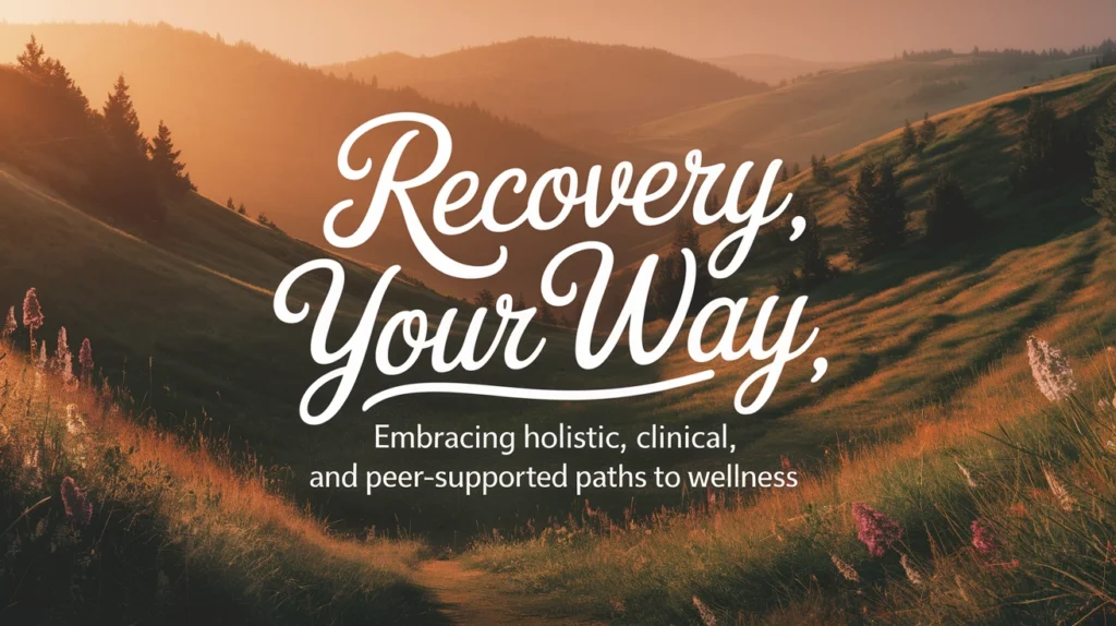 Recovery, Your Way, embracing holistic, clinical, and peer-supported paths to wellness over a serene landscape of rolling hills at sunset.
