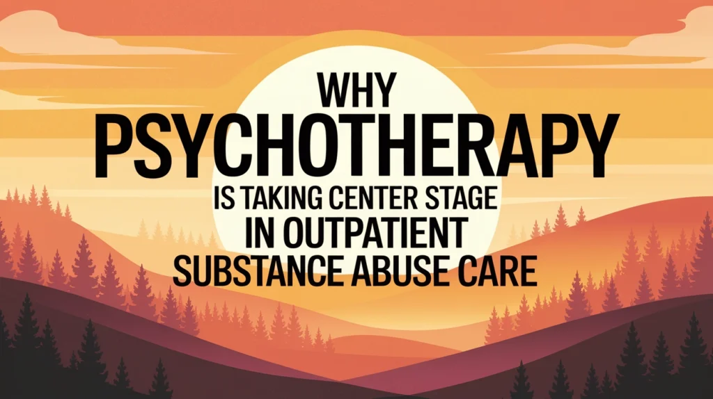 Sunset landscape with mountains and trees, featuring bold text overlay: "Why Psychotherapy Is Taking Center Stage In Outpatient Substance Abuse Care," emphasizing the importance of psychotherapy in addiction recovery.