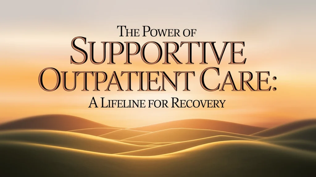 The Power of Supportive Outpatient Care: A Lifeline for Recovery, emphasizing addiction recovery and mental health support, warm sunset background with rolling hills.
