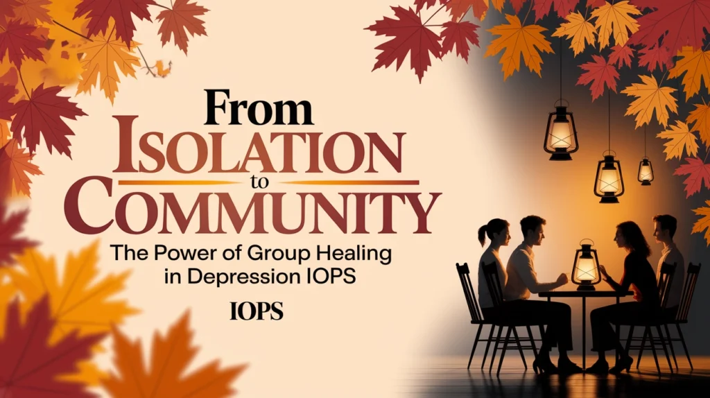 From Isolation to Community: The Power of Group Healing in Depression IOPs, featuring silhouettes of individuals at a table, surrounded by autumn leaves and lanterns, symbolizing connection and support in mental health recovery.