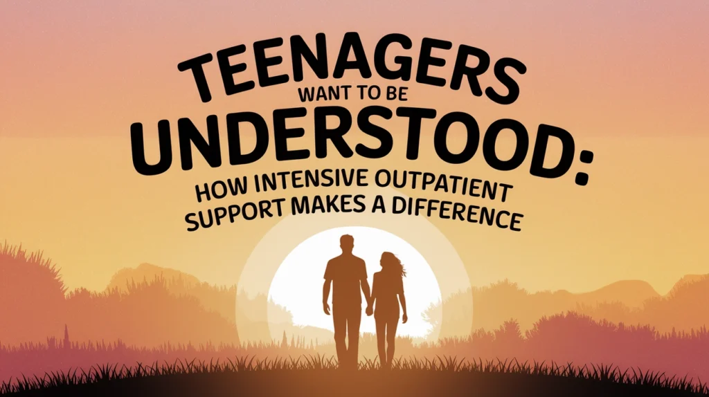 Silhouette of a man and woman holding hands against a sunset background, with the text "TEENAGERS WANT TO BE UNDERSTOOD: HOW INTENSIVE OUTPATIENT SUPPORT MAKES A DIFFERENCE," reflecting themes of connection and support in addiction recovery for teens.