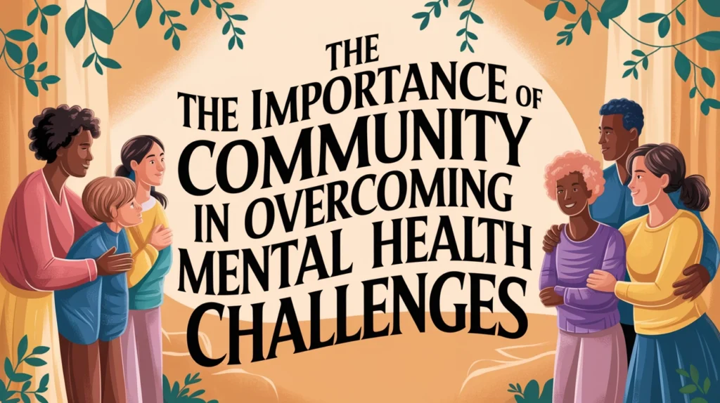 Illustration of diverse individuals standing together, emphasizing the importance of community in overcoming mental health challenges, with bold text highlighting the theme of support and connection.