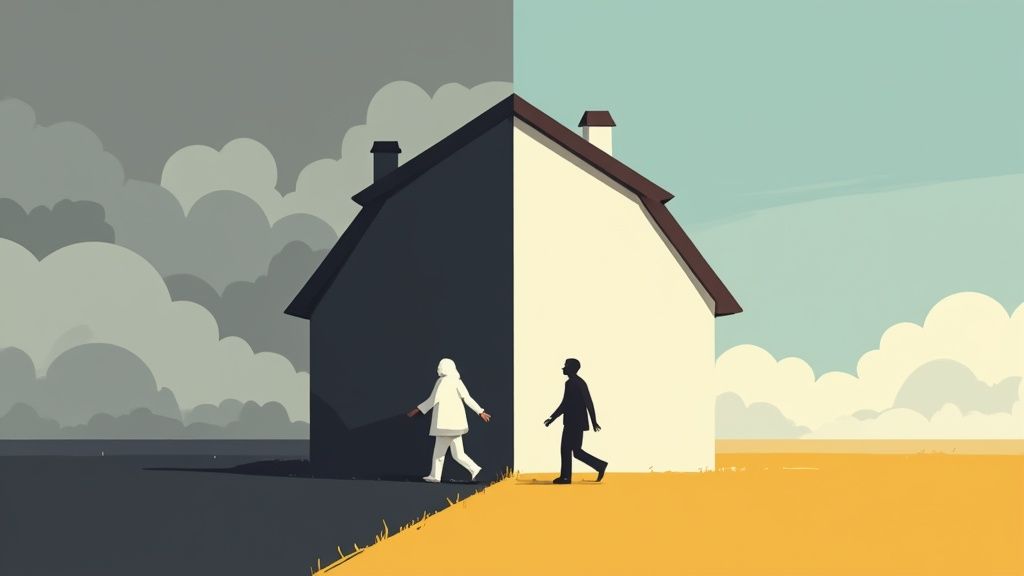 Illustration of a house divided by contrasting backgrounds, symbolizing the journey from darkness to light, representing recovery and transformation in addiction treatment.