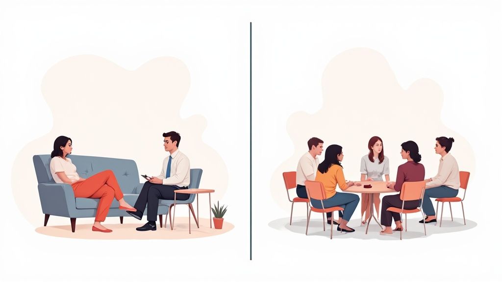 Individual therapy session with a counselor and client on the left, group therapy session with five participants discussing around a table on the right, emphasizing recovery support and mental health discussions.