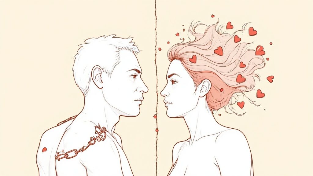 Illustration of a man with a chain on his shoulder facing a woman with flowing hair and hearts, symbolizing the contrast between emotional struggle and love, relevant to discussions on individual versus group therapy in mental health recovery.