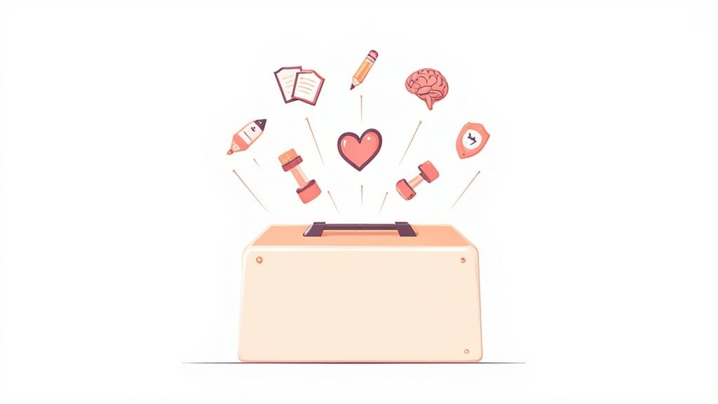Illustration of a box with various symbols representing health, wellness, and personal development, including weights, a heart, a brain, and notebooks, emphasizing holistic approaches to mental health and recovery.