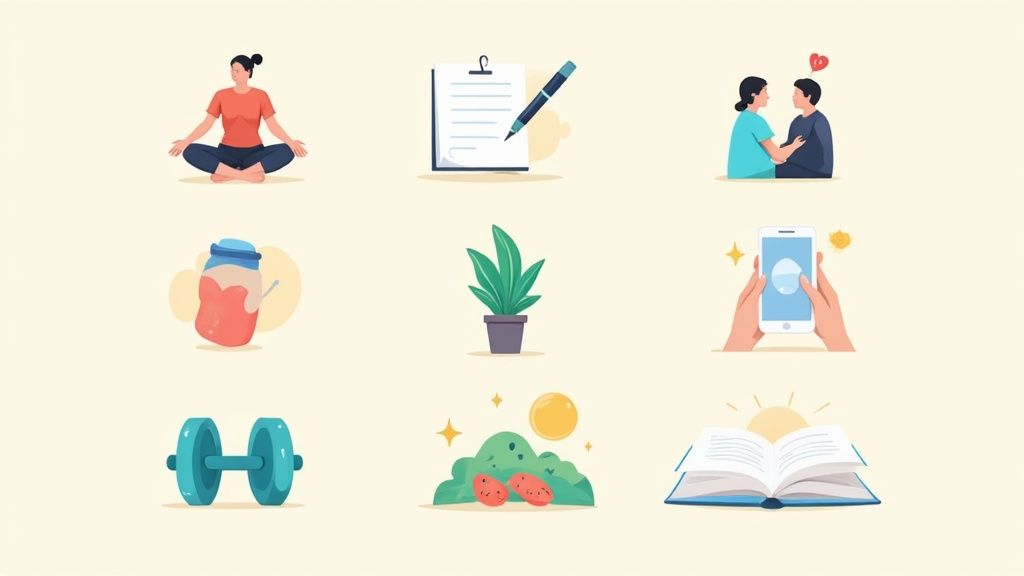 Illustration of wellness activities including meditation, journaling, couple therapy, hydration, plant care, exercise, smartphone use, healthy eating, and reading, reflecting holistic approaches to mental health and recovery.