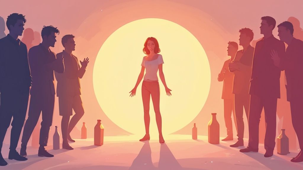 Woman standing confidently in front of a large sun, surrounded by silhouettes of men, symbolizing support and transformation in recovery and therapeutic environments.