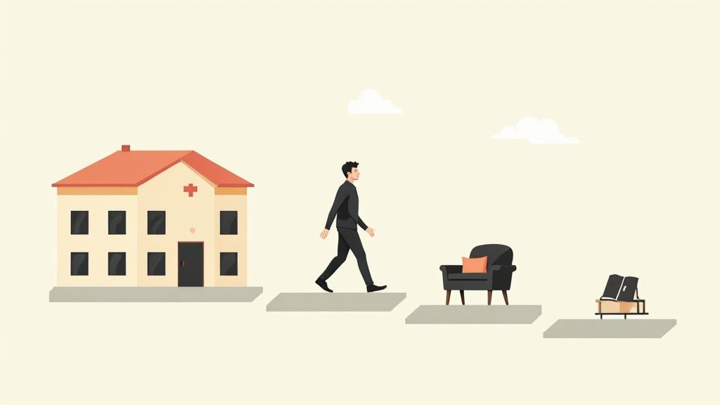 Illustration of a man walking from a treatment facility to a therapy chair, symbolizing the journey of recovery and support in addiction treatment.