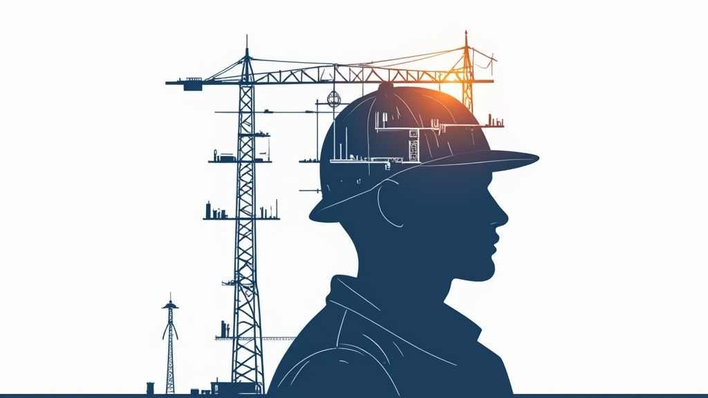 Silhouette of a construction worker wearing a hard hat, with a crane and building structures integrated into the design, symbolizing the construction industry and workforce development.