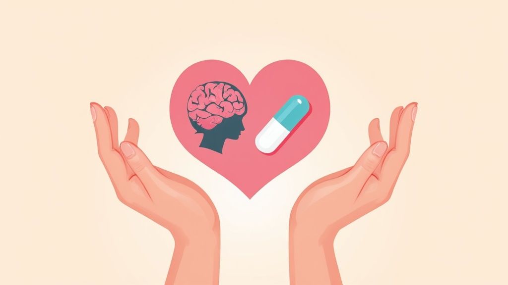 Hands holding a heart symbol featuring a brain and a capsule, representing mental health and addiction recovery principles in a trauma-informed care context.