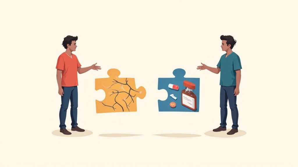 Illustration of two men representing addiction recovery concepts, one holding a broken puzzle piece symbolizing trauma and the other holding a puzzle piece with medication, highlighting the dual diagnosis treatment approach.