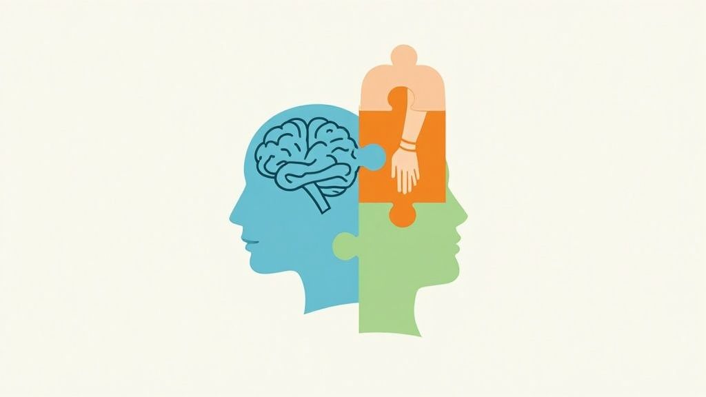 Illustration of two human profiles with a brain and puzzle pieces, symbolizing mental health and therapy concepts related to addiction recovery and integrated treatment approaches.