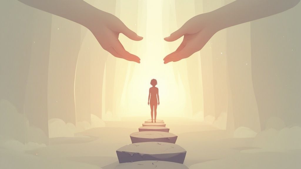 Hands reaching out towards a person walking along a path, symbolizing support and healing in addiction recovery and mental health therapy.