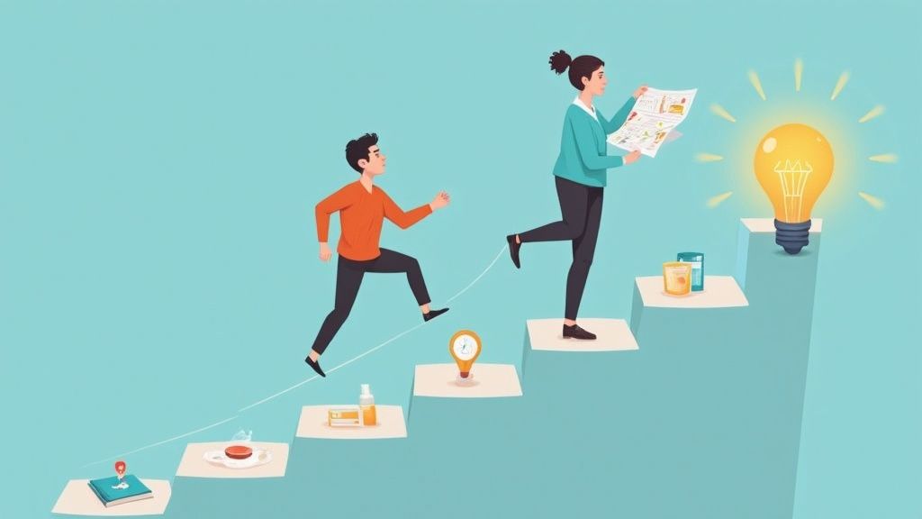 Illustration of a man and woman ascending steps, with the woman reading a map and the man holding a guide, symbolizing progress in addiction recovery and coping skills.