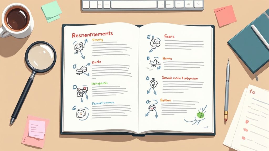 Notebook open with illustrated notes on resentments, fears, and harms, surrounded by a coffee cup, magnifying glass, and stationery, reflecting coping strategies for addiction recovery.
