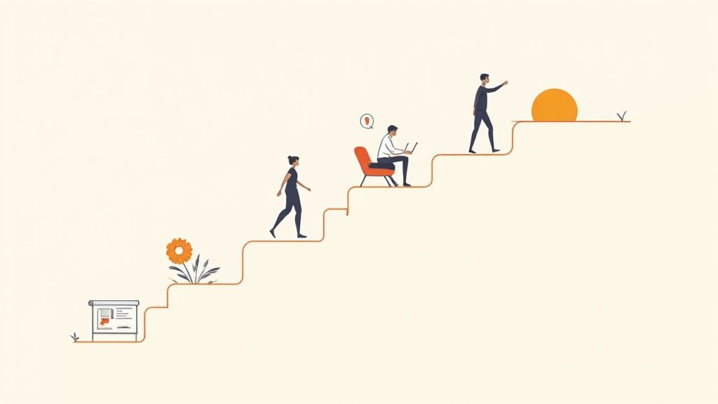 Illustration of a progression towards recovery, featuring individuals ascending stairs, engaging in activities like working on a laptop and contemplating, symbolizing the journey of addiction recovery and personal growth.