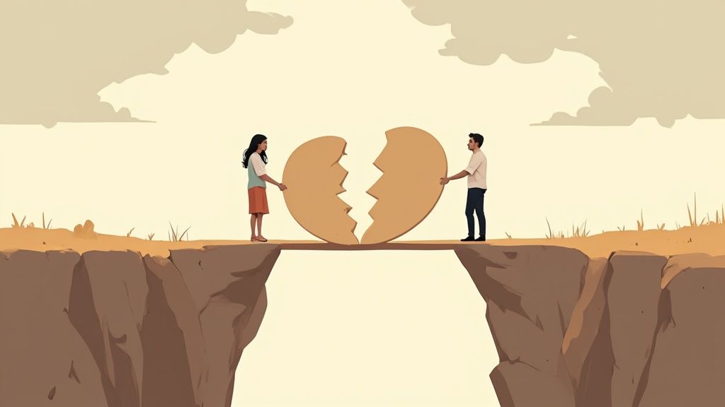 Couple holding a broken heart symbol on a cliff, representing healing and rebuilding relationships in recovery.