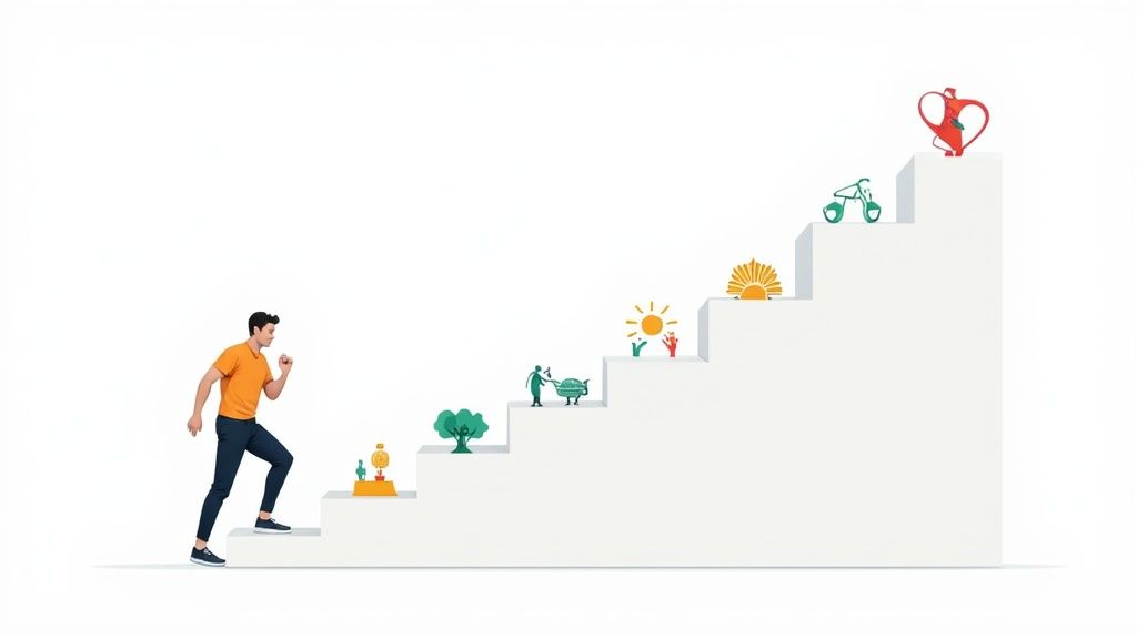 Person ascending steps symbolizing progress in recovery, featuring icons representing health, wellness, and personal growth.