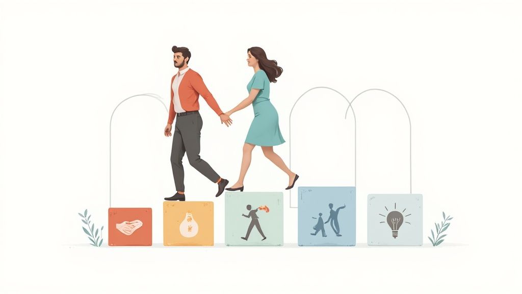 Couple walking hand-in-hand on stepping stones symbolizing support and growth in therapy, featuring icons for connection, creativity, and shared experiences.
